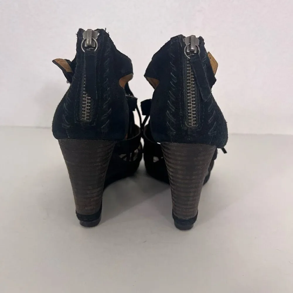 Trask‎ Black Leather Suede Fringe High Heel Wedges